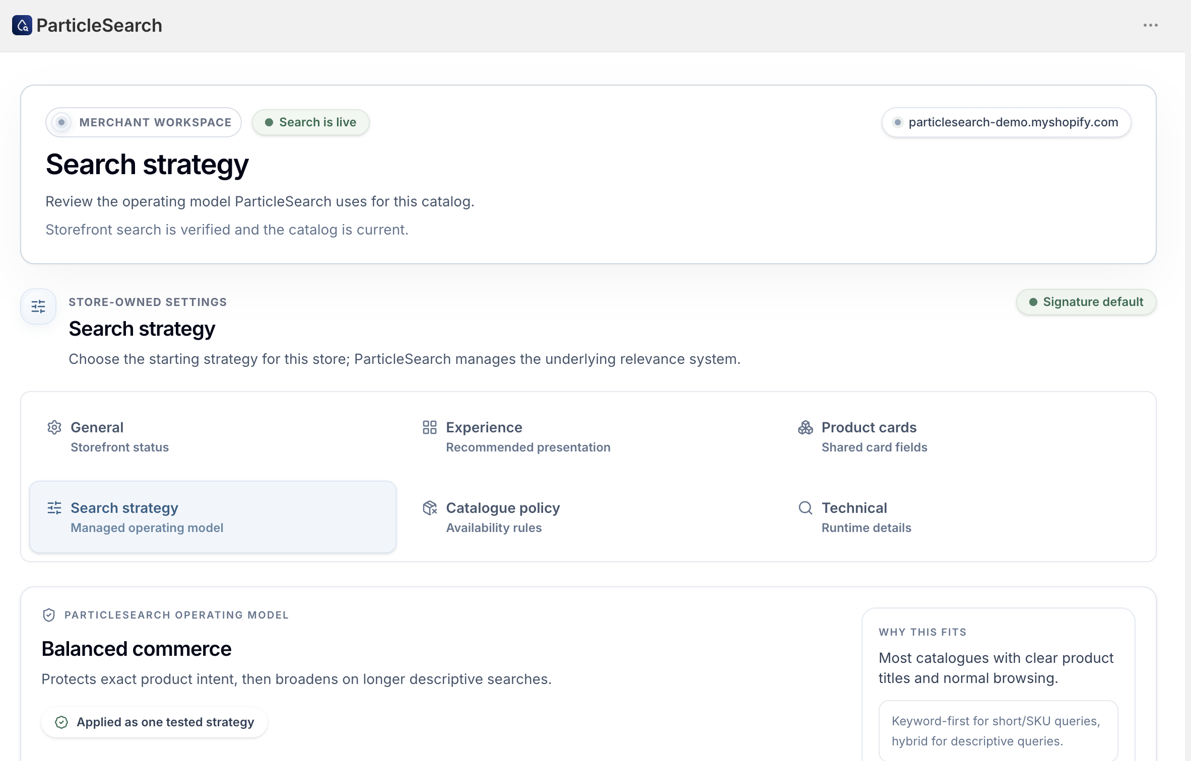 ParticleSearch Search strategy settings page with Balanced commerce selected and General, Experience, Product cards, Catalogue policy, and Technical sections